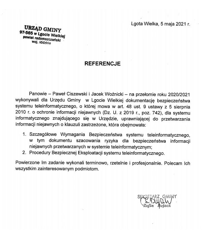 Dokument zawierający referencje potwierdzające wykonanie dokumentacji bezpieczeństwa SWB i PBE