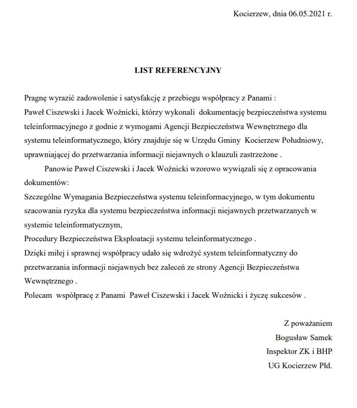 Dokument zawierający referencje potwierdzające wykonanie dokumentacji bezpieczeństwa SWB i PBE