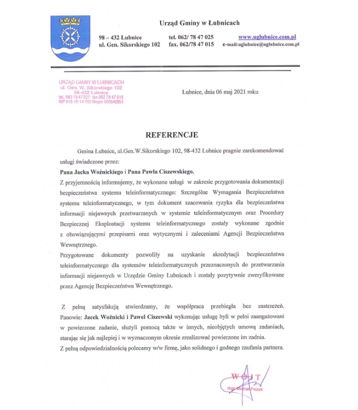 Dokument zawierający referencje potwierdzające wykonanie dokumentacji bezpieczeństwa SWB i PBE