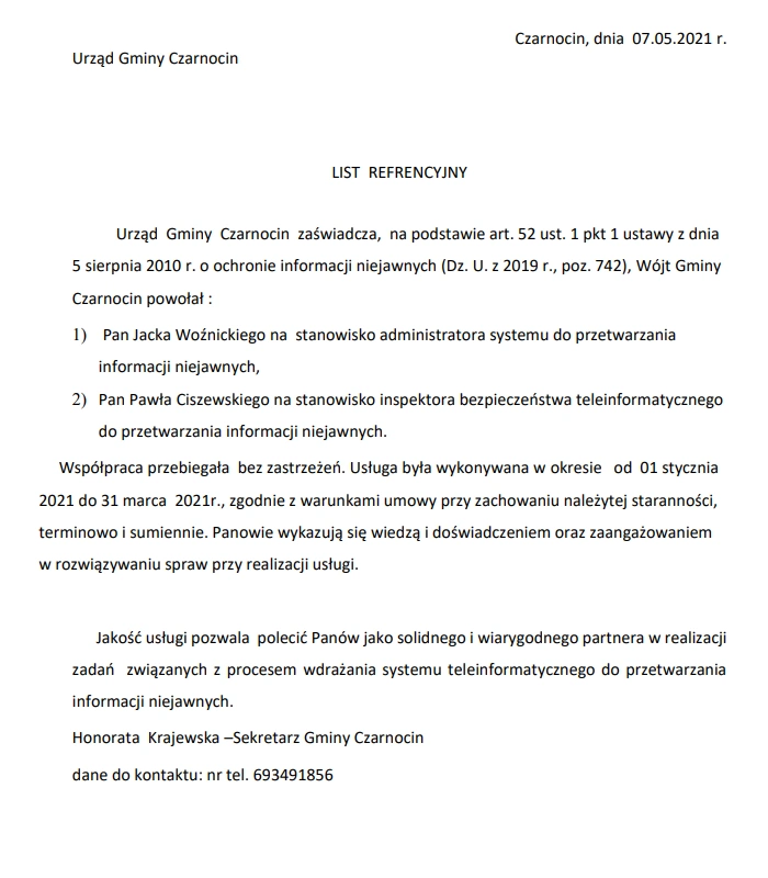 Dokument zawierający referencje potwierdzające wykonanie dokumentacji bezpieczeństwa SWB i PBE