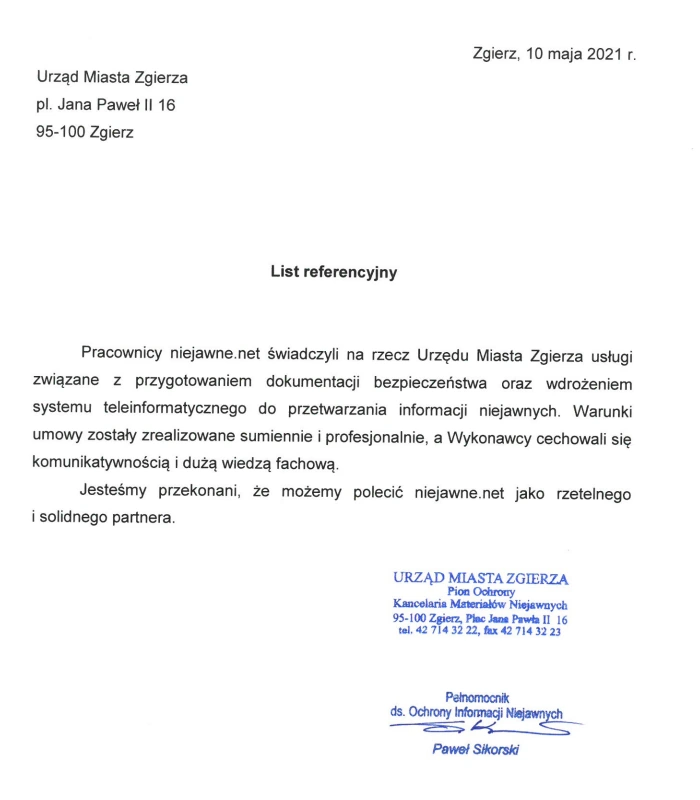 Dokument zawierający referencje potwierdzające wykonanie dokumentacji bezpieczeństwa SWB i PBE