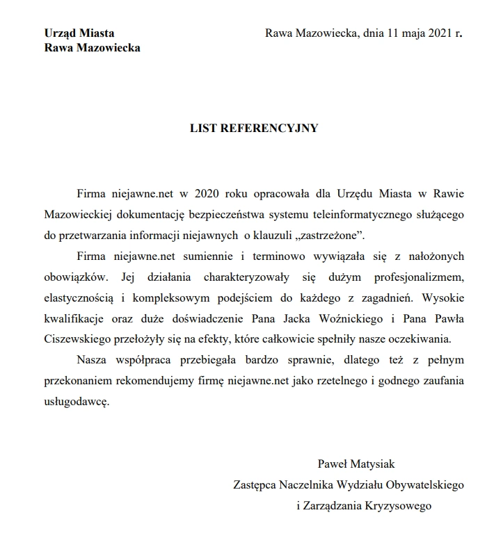 Dokument zawierający referencje potwierdzające wykonanie dokumentacji bezpieczeństwa SWB i PBE